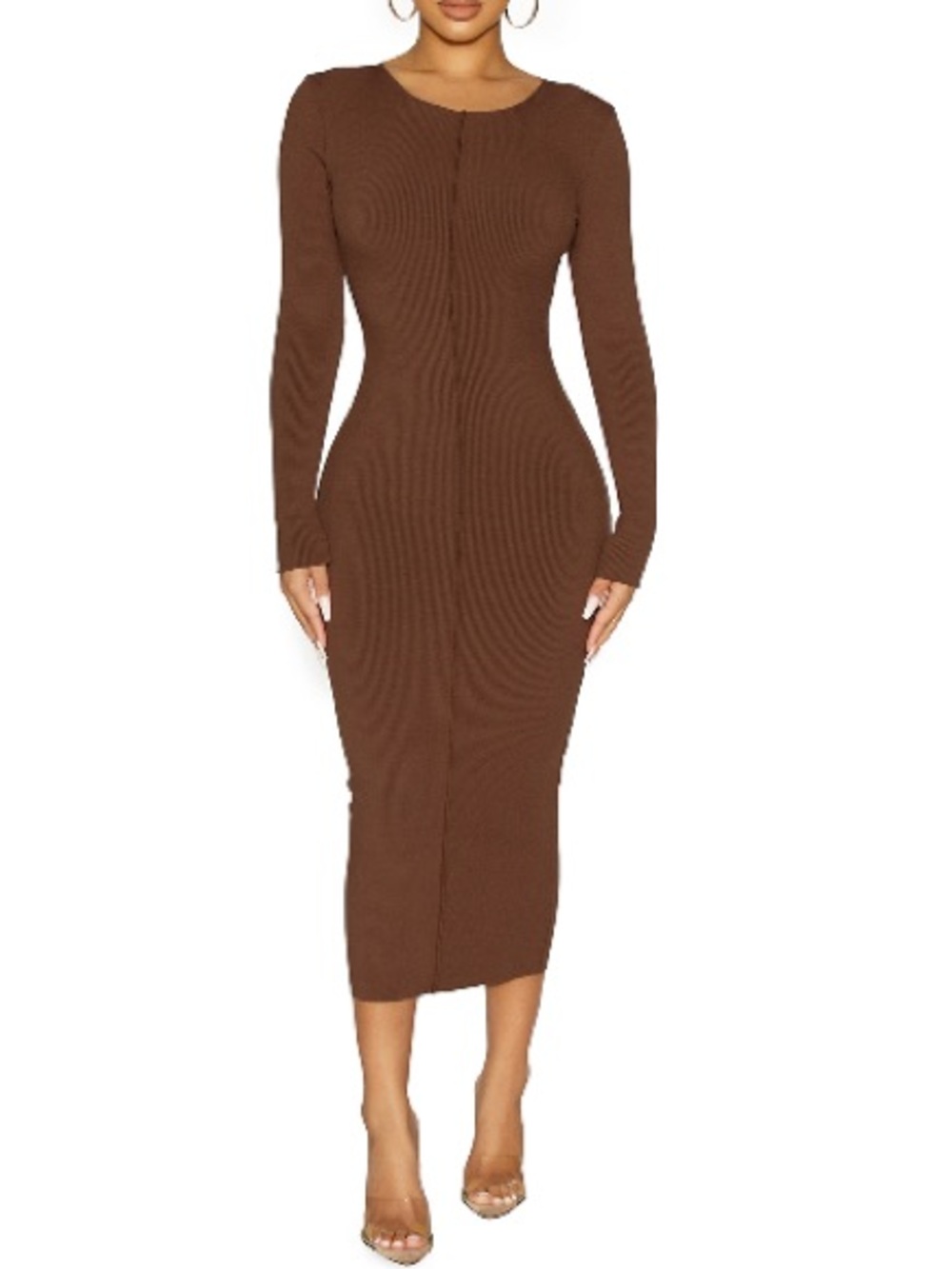 Naked Wardrobe Chocolate Brown Ribbed Long Sleeve Bodycon Midi Dress
